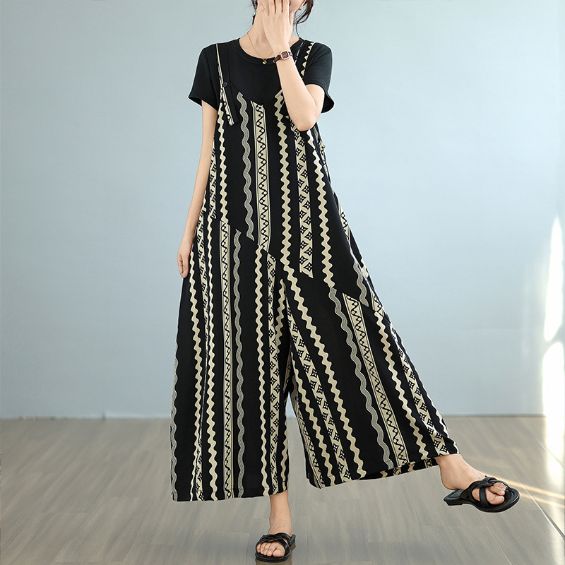 Loose Casual V-Neck Strap Pants for Women, Summer and Autumn Vintage Slimming Elegant Loose Wide-Leg Jumpsuit