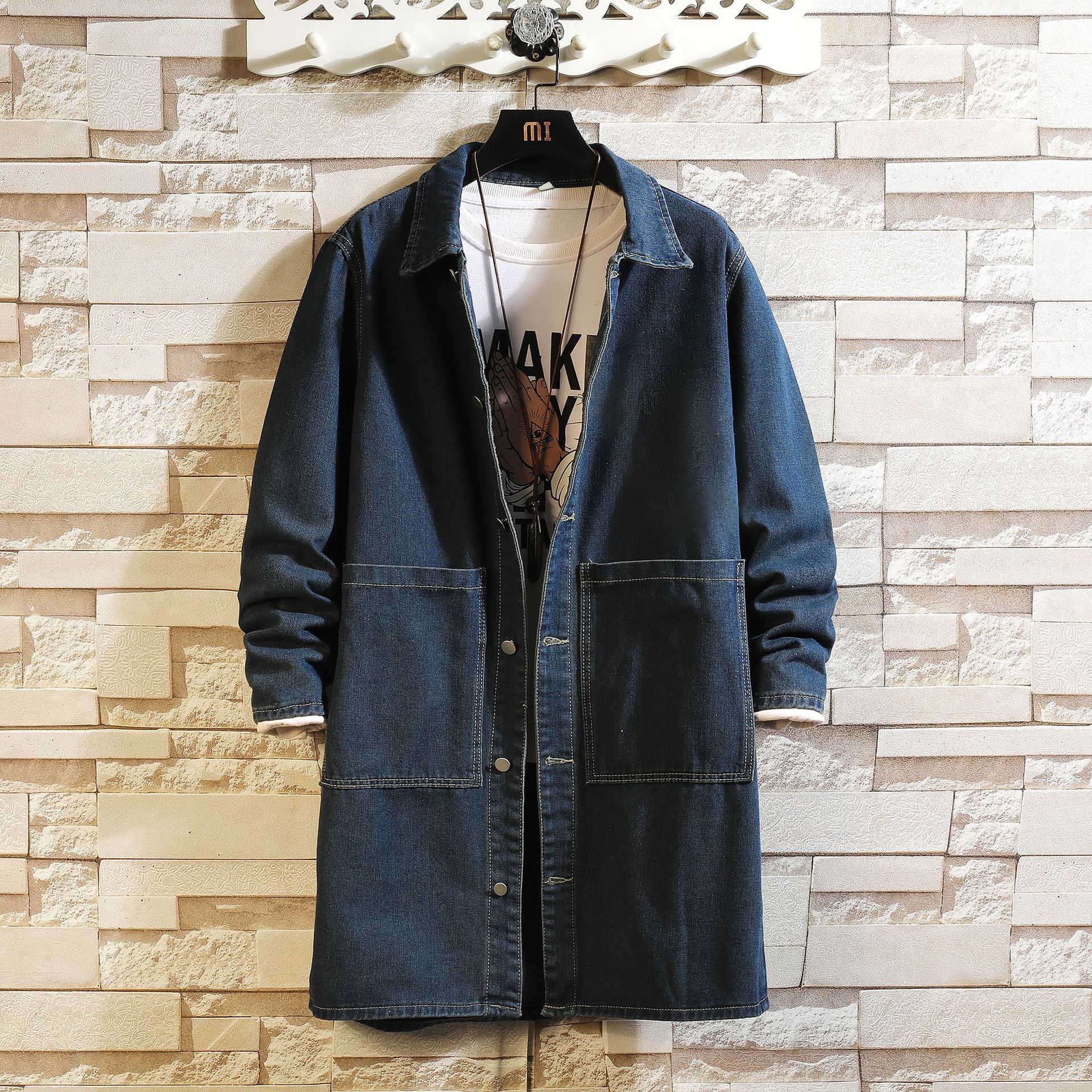Denim Windbreaker Mid-Length Jacket for Men Spring and Autum New Korean Style Loose Outwear Casual Handsome Trendy Jacket for Men