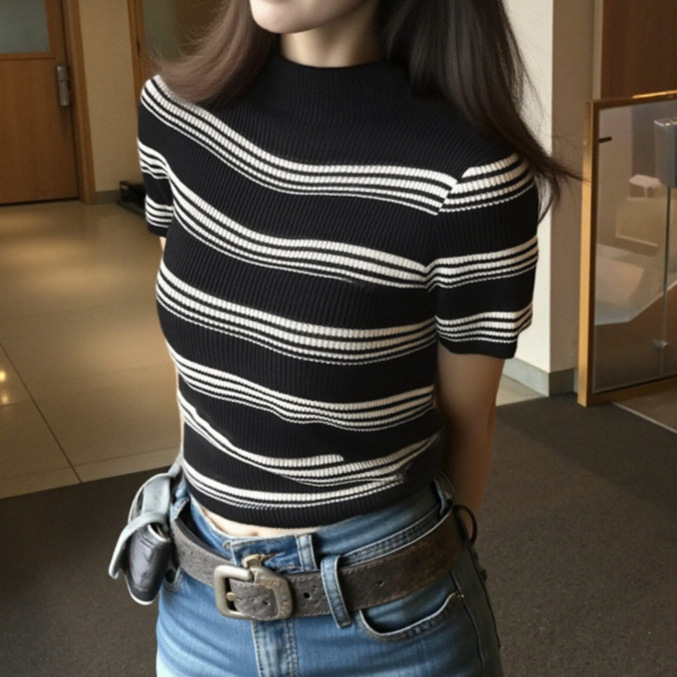 Korean Style Half-High Collar Striped Knit Short-Sleeve Women's Top, 2026 Spring/Summer New Popular Cropped Waist-Revealing Top