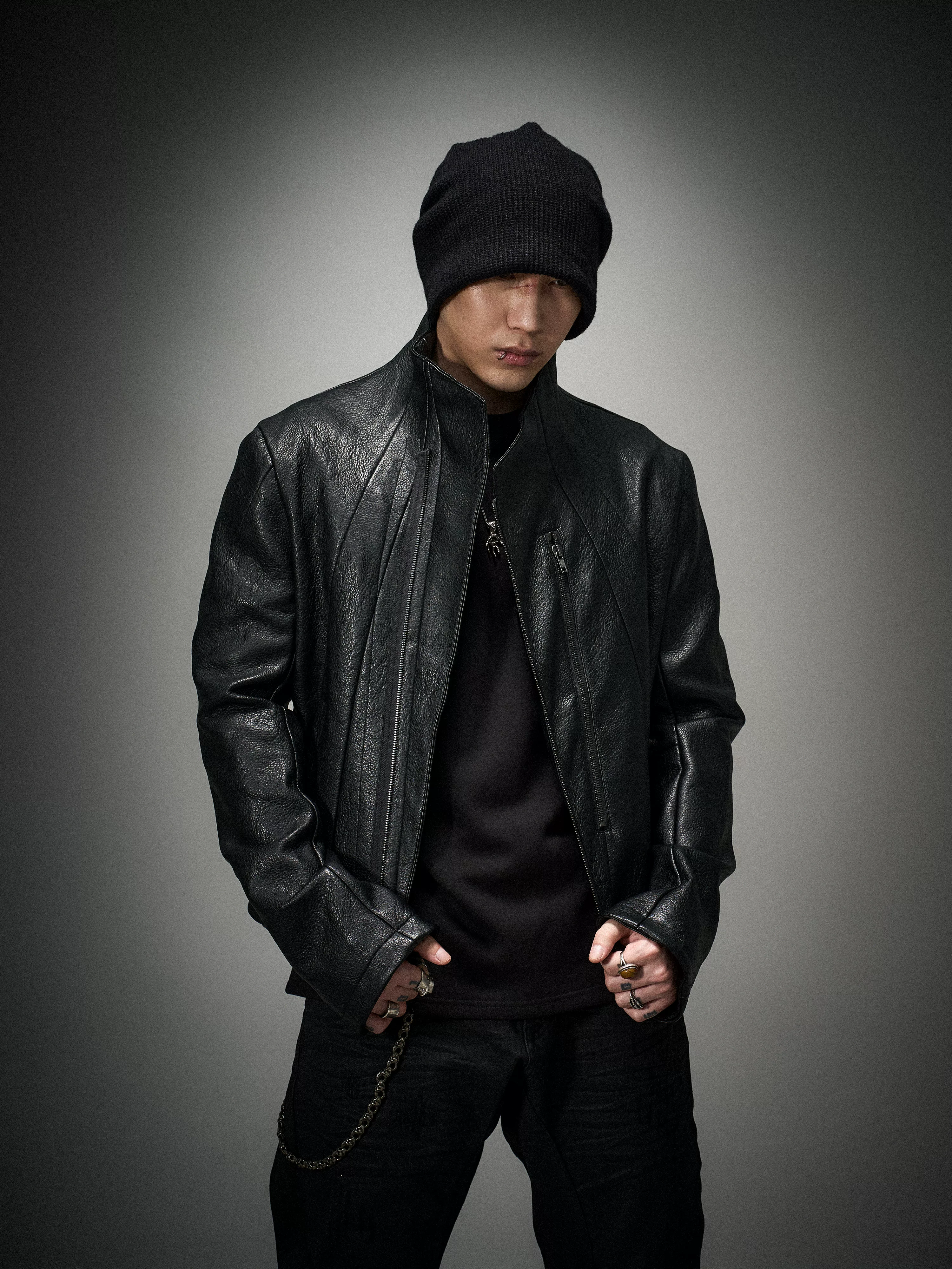 Eodup'Kui Niu' Avant-Garde Dark Three-Dimensional Tailoring Buffalo Leather Pattern Diagonal Placket Silhouette Scimitar Leather Jacket Foto QC de TAOBAO na Qualit.ly