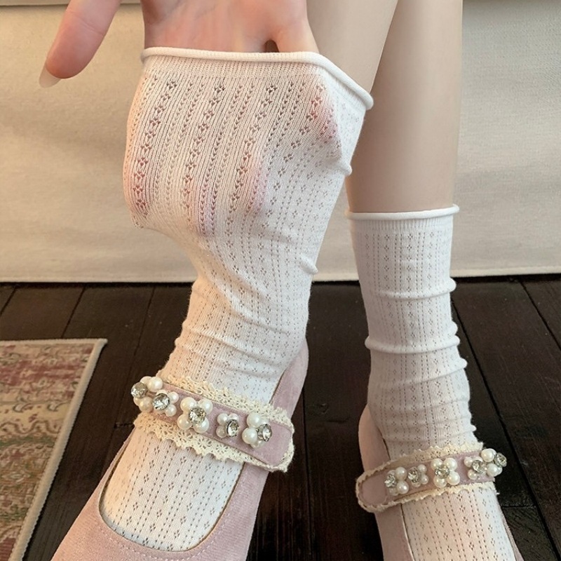 "Summer of Songdao" Miu Series Spring and Summer Thin Socks for Women, Ballet-Style Hollow Breathable Mid-Calf Socks, Gray Slouch Socks