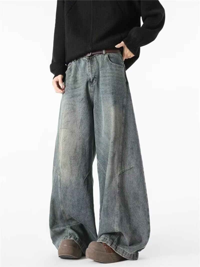 American Retro Baggy Scimitar Jeans for Men, Spring and Autumn Trendy Street Loose Washed Straight Wide-Leg Pants