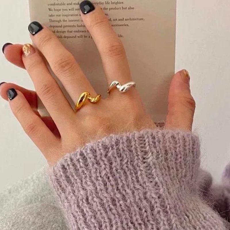 Korean Style New Geometric Wave Ring for Women, Vintage Fashion Wrap-Around Stackable Open Ring, Artistic Index Finger Ring, Trendy