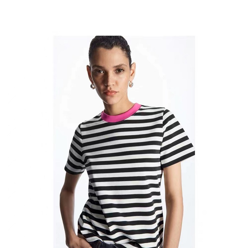 C*Os Women's Spring New Standard Fit Color-Block Round Neck Striped Short-Sleeve T-Shirt Casual Women's Top