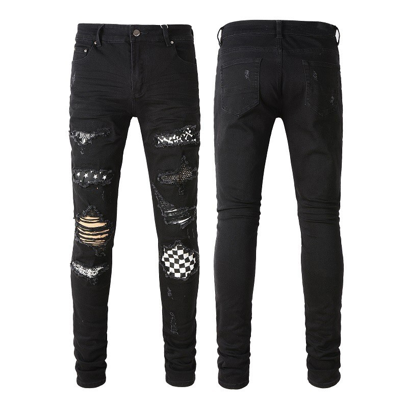 Cross-Border American-Style Men's Black Pleated Color-Blocked Jeans, High Street Ripped Pants, Trendy Brand Slim-Fit Pants for Men