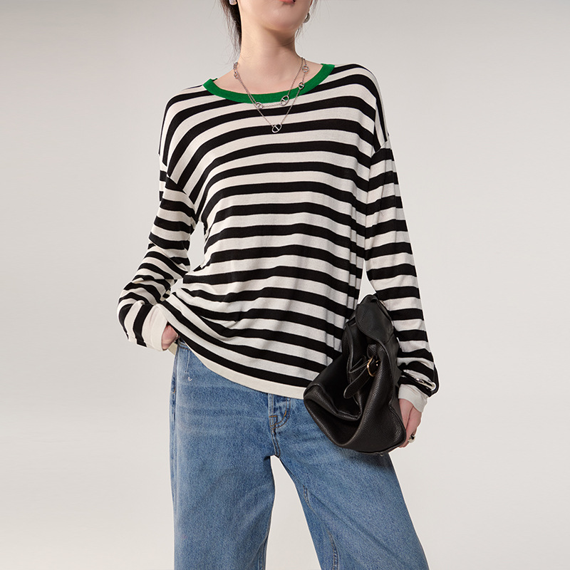 Spring New Style Lyocell Tencel Wool Blend Knitwear Women's Round Neck Striped Casual Top Base Layer Shirt for Women