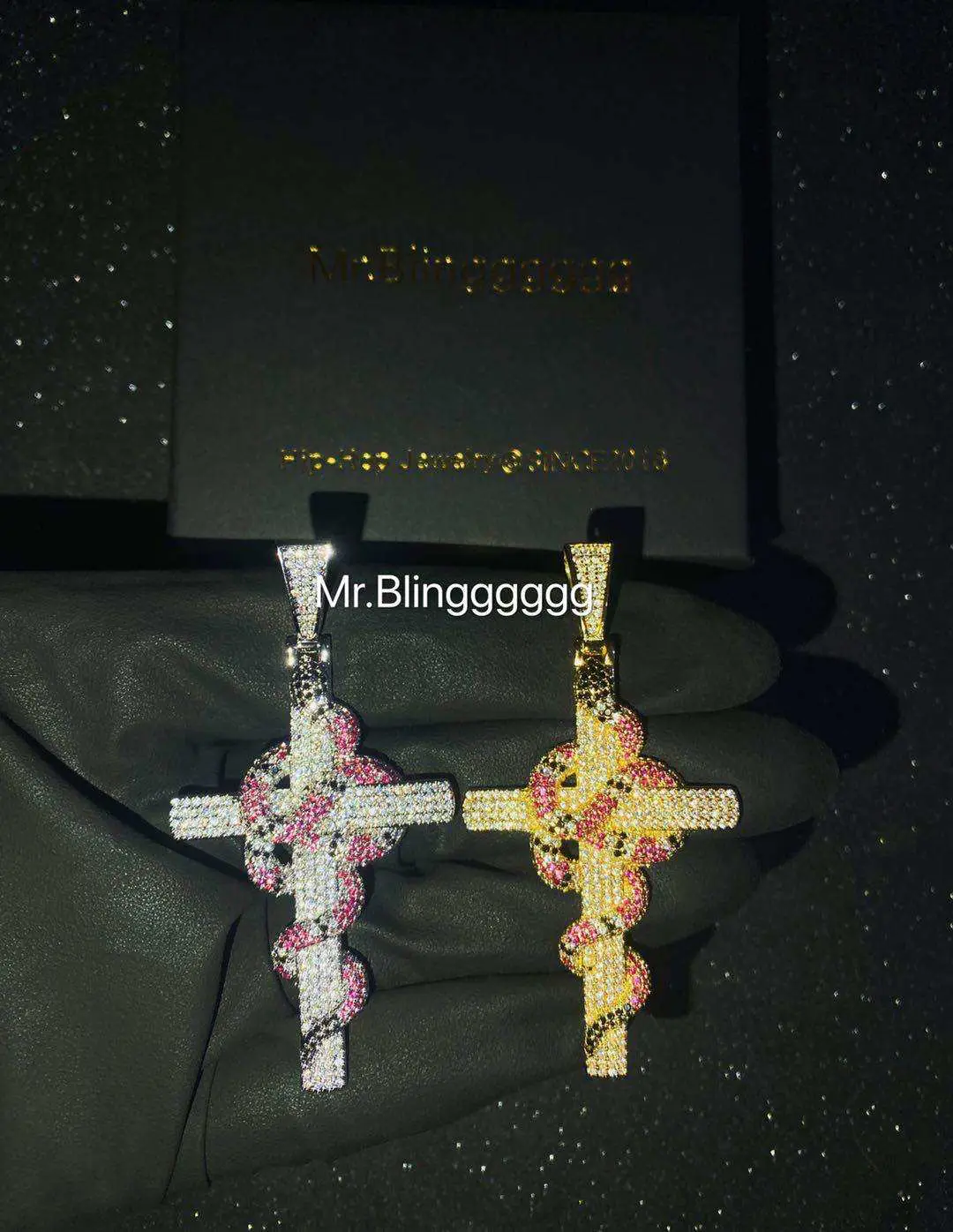 Mr.Blingggggg European and American Hip-Hop Jewelry Solid Snake-Wrapped Cross Full Diamond Pendant Cross Necklace