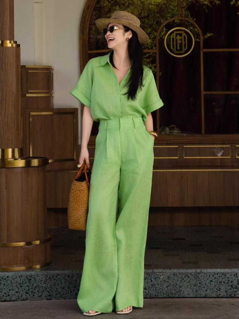 2026 Summer High-End Loose Linen Casual Short-Sleeve Shirt Fashion Set Stylish Wide-Leg Pants Trendy Two-Piece Set