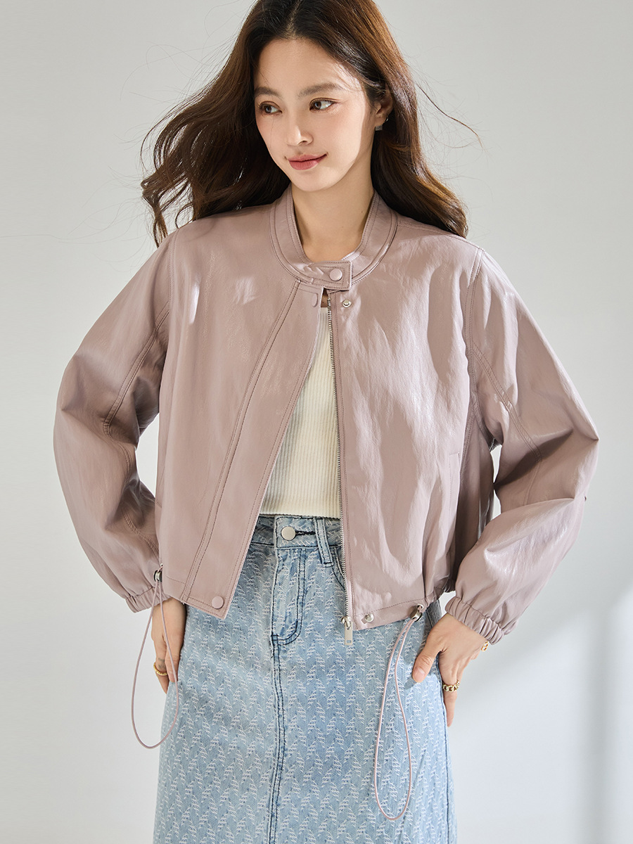 26 Early Spring New Style Pink Purple Stand-Up Collar Drawstring Pu Leather Short Leather Jacket Elegant Casual Jacket 29128