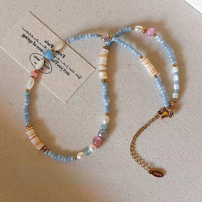 Pearl Beaded Necklace for Women, Niche Light Luxury Retro High-End Clavicle Chain, Colorful Dopamine Necklace