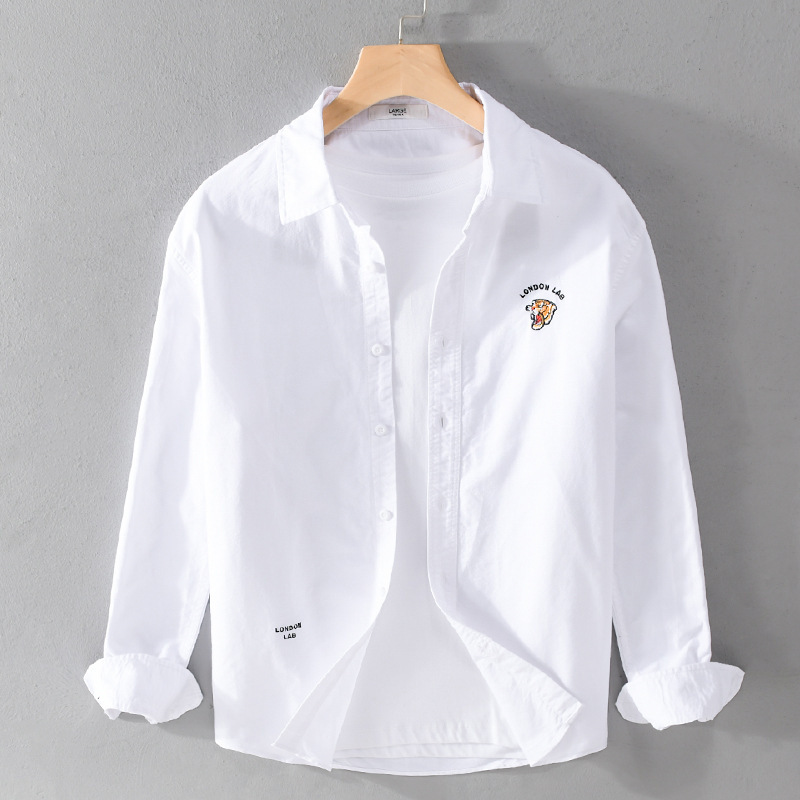 Spring and Autumn Oxford Cotton Men's Shirt, Fashionable Casual Tiger Pattern Embroidery Trendy Versatile Men's Shirt 9379