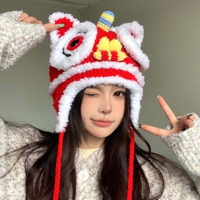 Tiger Head Knitted Hat, Parent-Child Warm Woolen Hat, Chinese Style Adult and Children's Lion and Tiger Hat, Lei Feng Hat