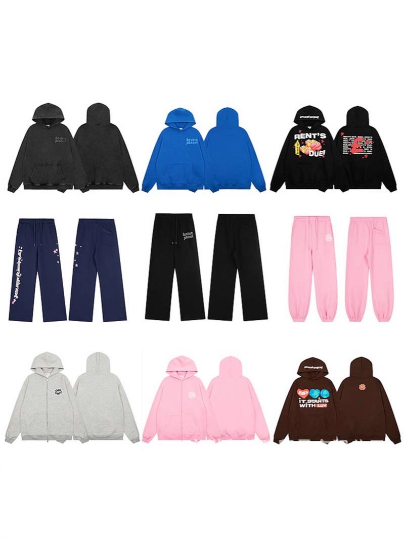 Cross-Border Street Style Printed Casual Loose Sweatshirt Set for Young Men and Women, Trendy Brand Hooded Sweatshirt and Sweatpants Set Fotografie QC de pe 1688 pe Qualit.ly
