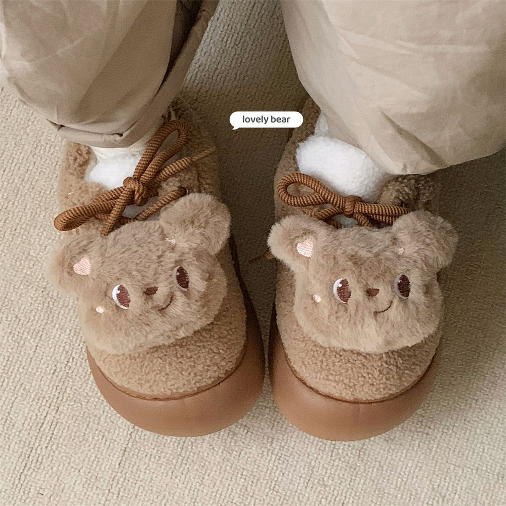 High-grade Women's Winter Retro Lamb Wool Comfortable Cotton Slippers Three-dimensional Plush Bear Cyber Celebrity Ins Lace-up Cartoon Sneakers