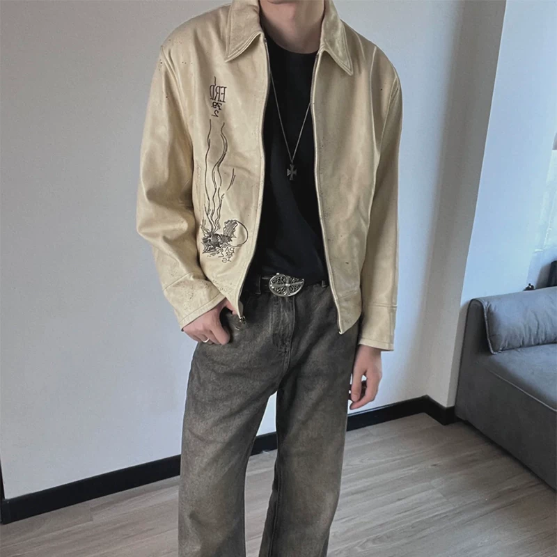 ERD CUOUT Melancholy Rich Second Generation Inkjet Vintage Heavy Embroidered Loose Short Leather Jacket Jacket for Men