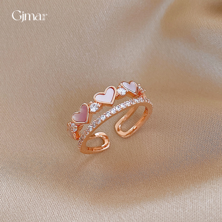 Korean-Style Minimalist Zircon Mother-Of-Pearl Double-Layer Heart-Shaped Open Ring, Niche High-End Index Finger Ring, Fashionable and Exquisite Hand Accessory