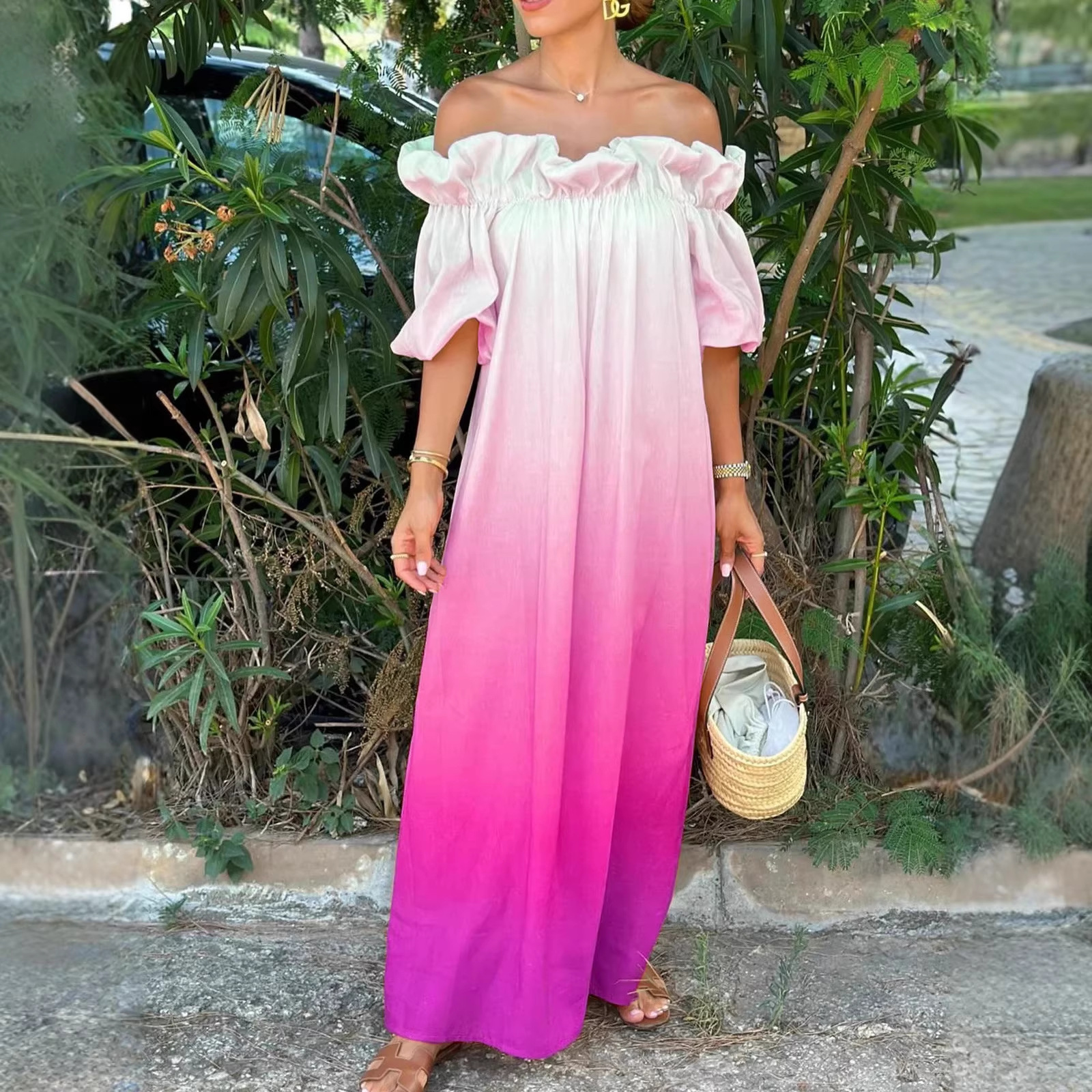 Cross-Border Early Summer New Style Gradient Color One-Shoulder Sexy Cute Backless Lazy Puff Sleeve Loose Elegant Dress
