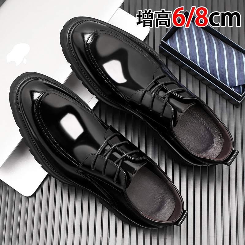 Inner Height Increasing Leather Shoes Men's 8cm Business Wear Head Layer Cowhide Bright Face for Work Interview Light Bottom Height Increasing Groom Wedding Shoes