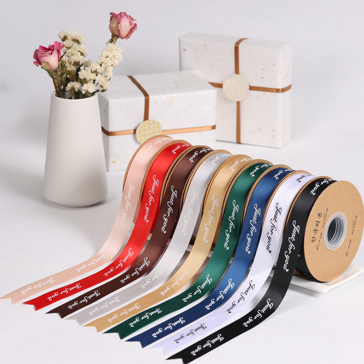 The whole 2.5cm flower packaging ribbon tied cake gift box floral bouquet ribbon printing English letters ribbon