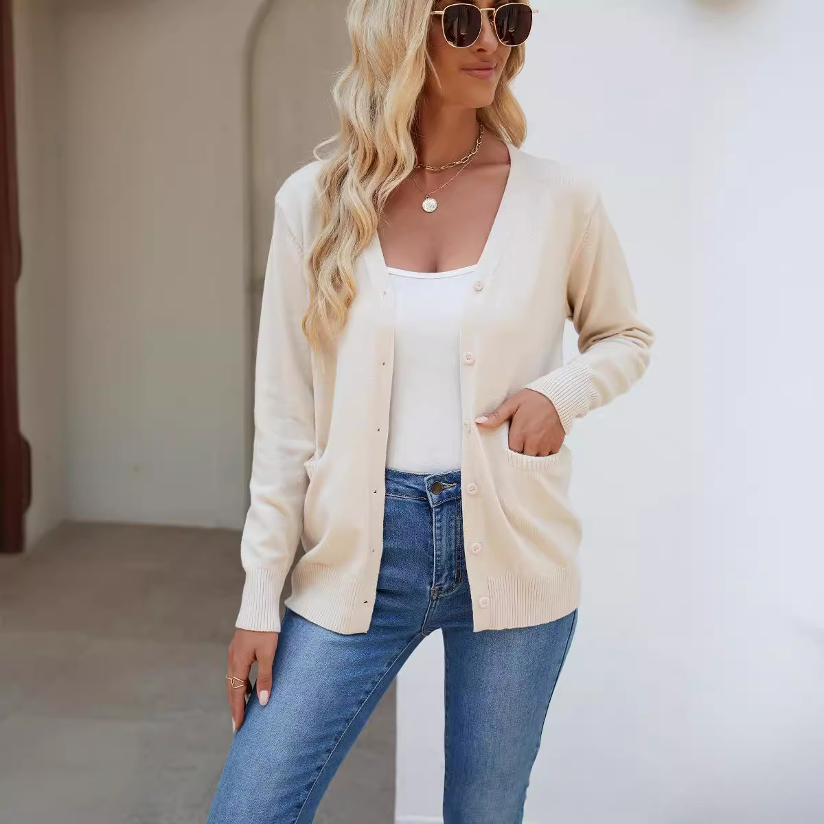 Knitted Cardigan Knitwear for Women 2025 Autumn and Winter New V Neck Long-Sleeved Pure Color Single-Breasted Cross-Border Women's Knitwear for Women