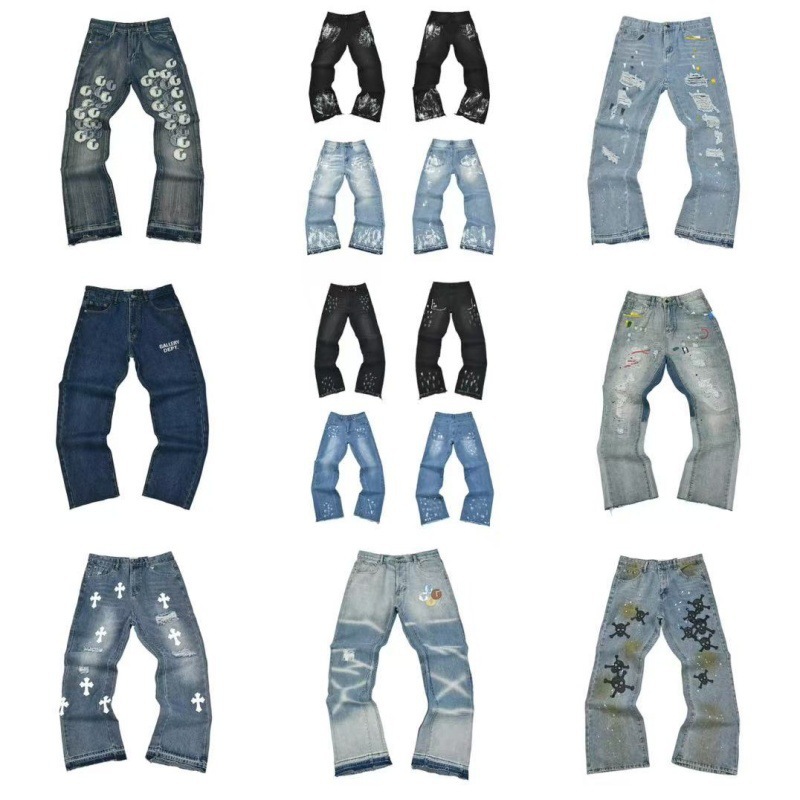Cross-Border Export Trendy Brand Gallery Dept Retro Distressed Splash-Ink Jeans High Street Straight Wide-Leg Pants for Men