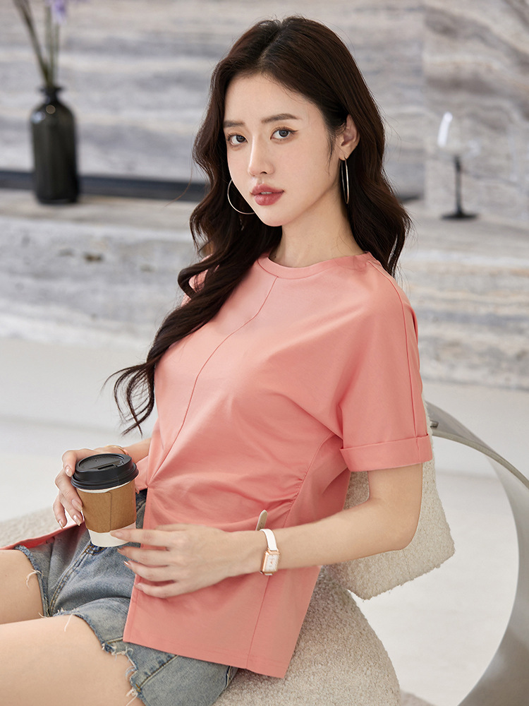 High-end women's top 80 mercerized cotton short-sleeved women's T-shirt casual slit foreign-style good-looking top