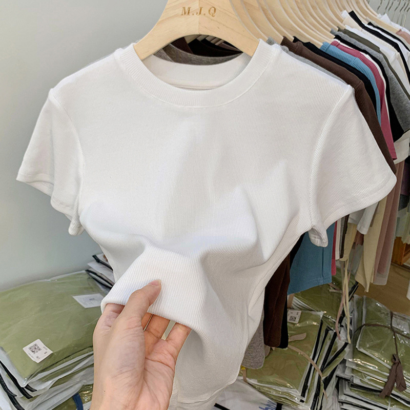 Threaded Solid Color Shoulder Short-sleeved T-shirt Women's Summer Half-sleeved T-shirt Slim-fit Slimming Small Shirt Round Neck Base Top Trendy