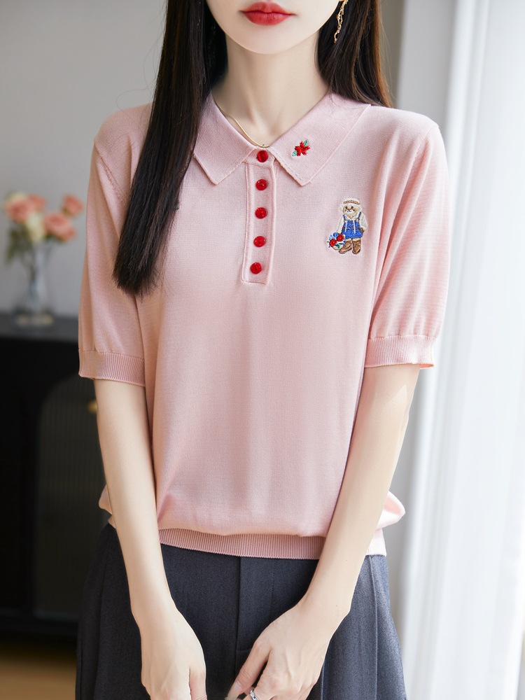 Lyocell Tencel Polo Collar Flower Bear Embroidered Knitted Short-Sleeved T-Shirt Women's Thin Quarter-Sleeved Knitted Top