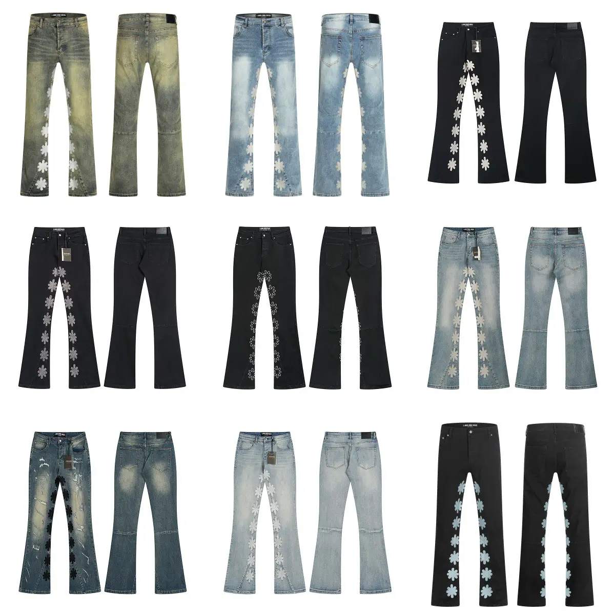 Cross-Border Trendy Brand Los American High Street Ripped Am Patch Trendy Pu Micro-Flared Straight Jeans for Men and Women
