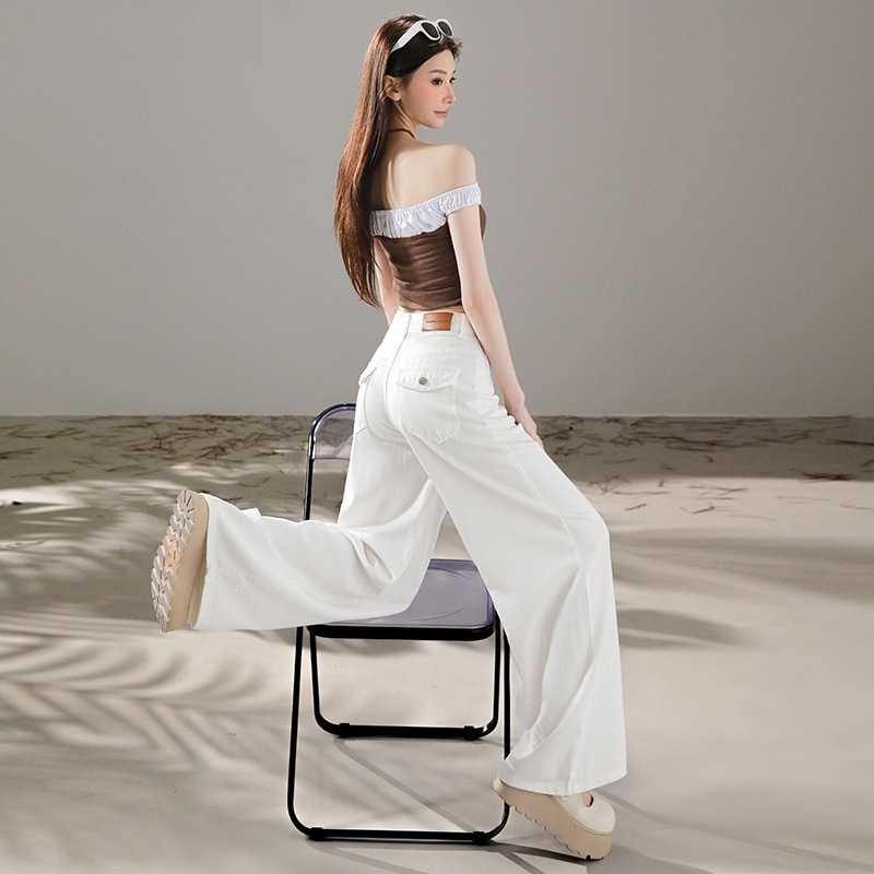 White Tencel Lyocell Loose Wide-Leg Jeans for Women 2026 New High-Waisted Slimming Drapey Lazy Wide-Leg Pants