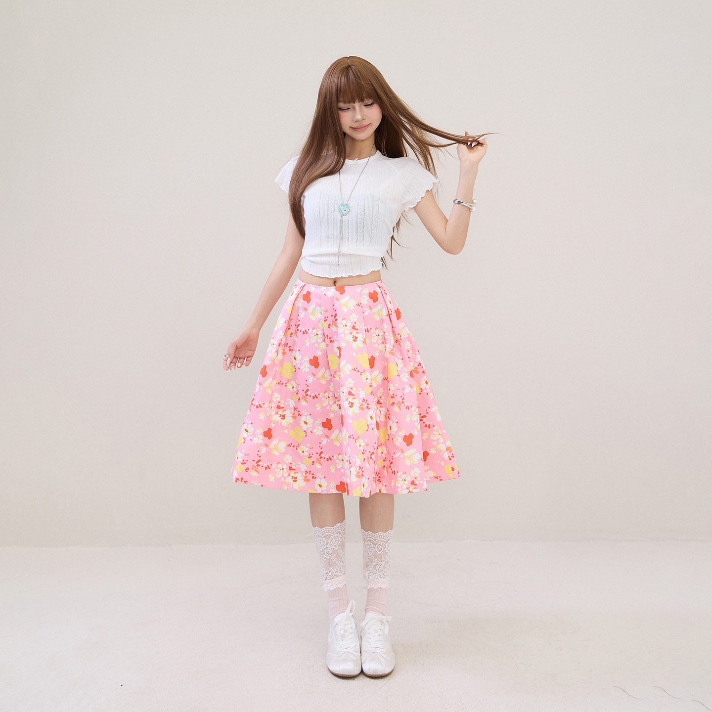 Retro High-Waisted Pink Floral A-Line Skirt, Versatile Sweet Fan-Shaped Pleated Midi Skirt for Spring and Summer, Casual Skirt