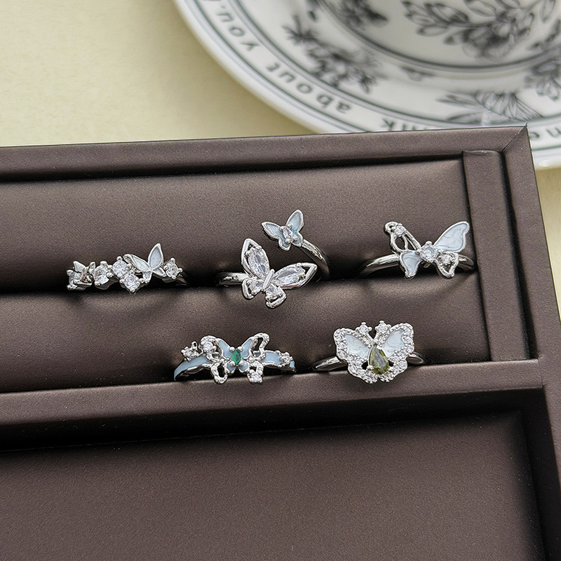 Light Luxury Sweet Girl Style Butterfly Inlaid with Diamonds, Colored Gemstones, Enamel, and Zircon Open Ring, Korean Style Versatile Ins-Style Stackable Ring