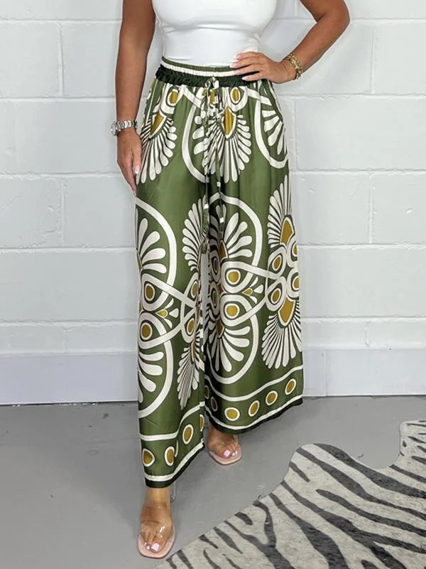 Amazon Cross-border Women's 2024 European and American New Summer Bohemian Vacation Retro Printed Satin Casual Pants