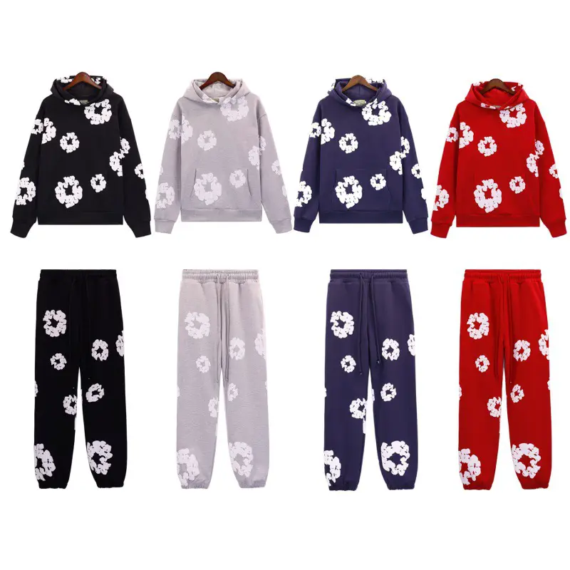 New autumn and winter couple set hoodie with long pants and fleece, DENIM mainline cotton flower American hooded sweatshirt