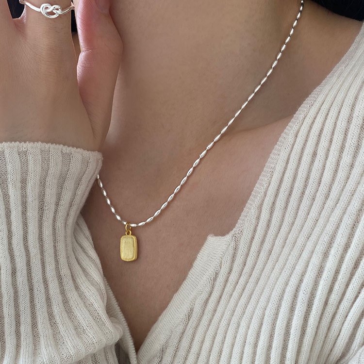 Frosted Square Necklace s925 Sterling Silver Gold and Silver Color Matching Convex Square Clavicle Chain Autumn and Winter New Chain N889J