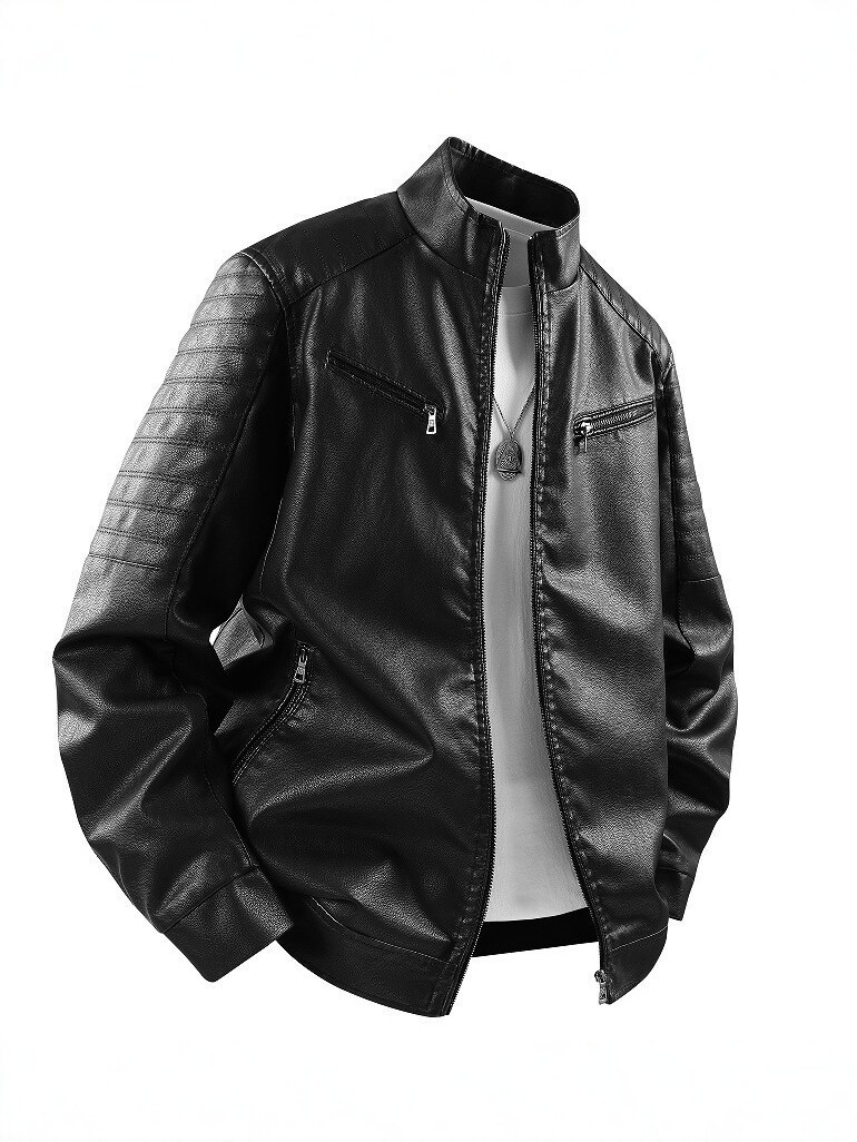 American-Style Cross-Border New Leather Jacket for Men, Trendy Motorcycle Jacket, Casual Coat with Stand Collar, Simple Top Jacket for Men