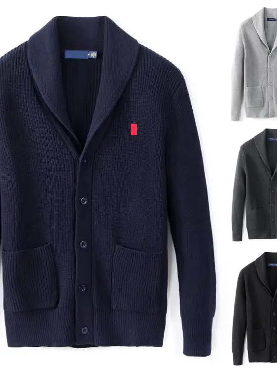 Paul Winter thickened Cardigan Sweater Men's Business Casual pure cotton Lapel Retro British Style Knitwear Polo Outwear