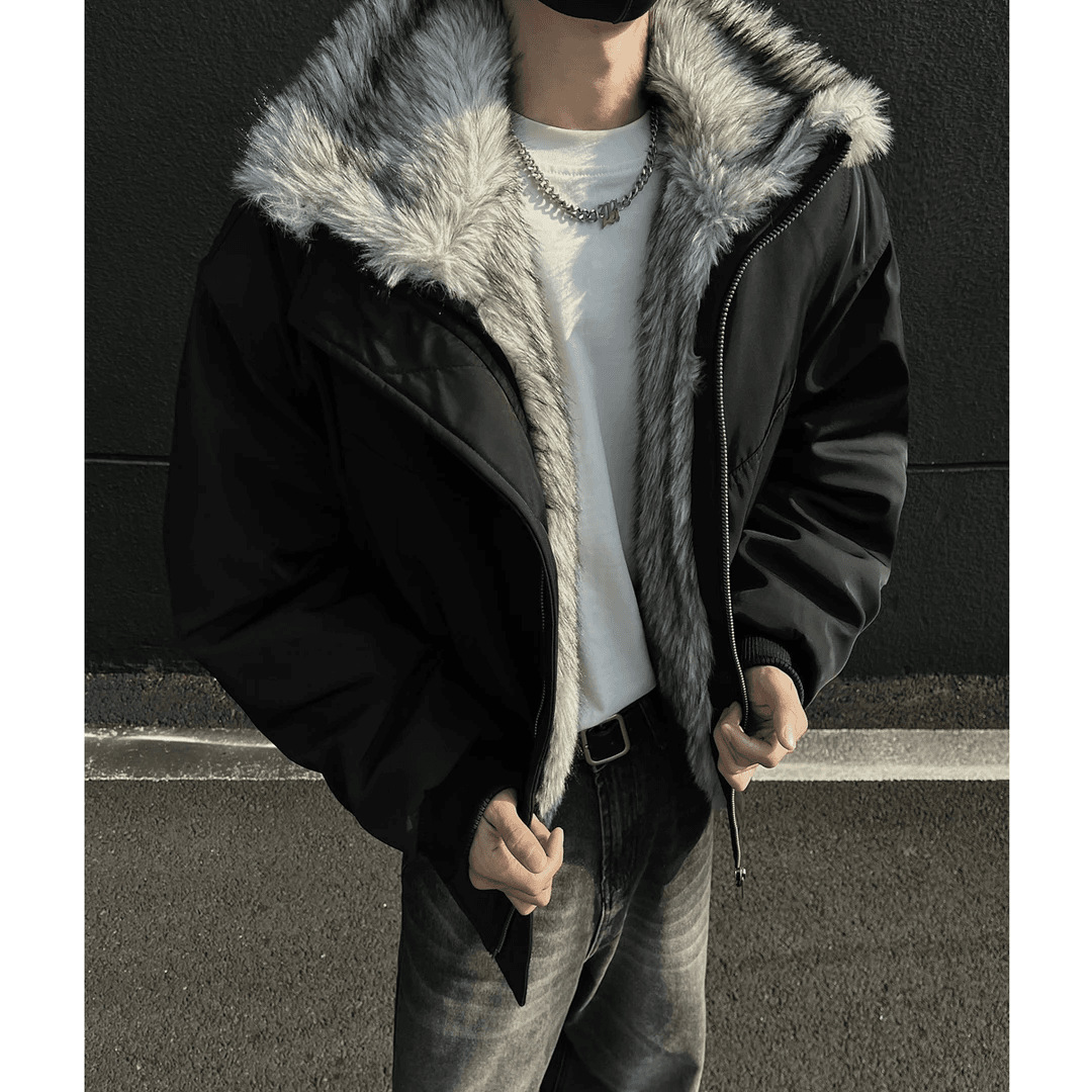 American Style Vintage High Street Mountain Carved Wool Collar Cotton-padded Jacket Men's Thickened Bomber Jacket fleece-lined Warm Jacket Cotton-padded Jacket