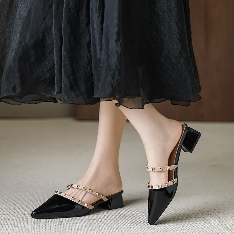 Baotou Half Slippers Women's Summer Outfit New Style Skirt Thick Heel Pointed Low Heel Soft Leather Single-layer Shoes Mueller Shoes Y81-1
