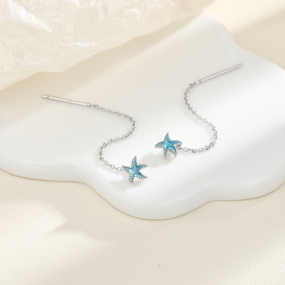 Tassel Blue Starfish Ear Threader 2026 New Style Long Ear Chain Holiday Casual Style Pentagonal Star Earrings Make the Face Look Slimmer