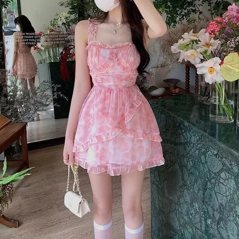 Pink summer Super fairy seaside vacation tight waist high A- line floral chiffon sling dress temperament skirt