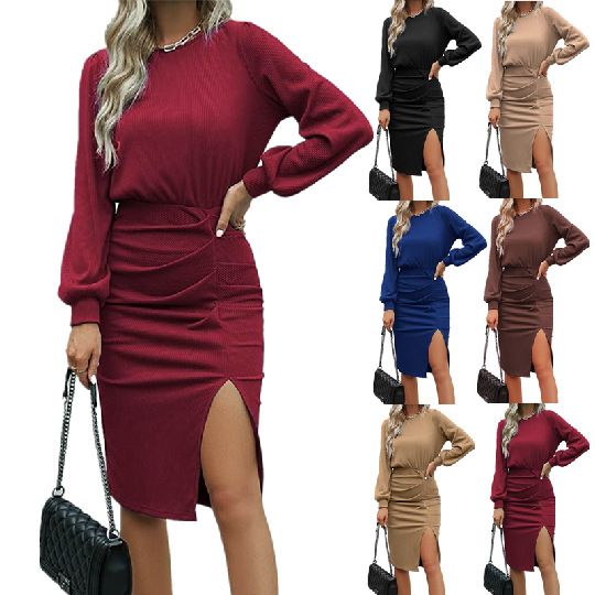 European and American cross-border foreign trade 2024 spring new women's thread lantern long sleeve knitted split hip dress