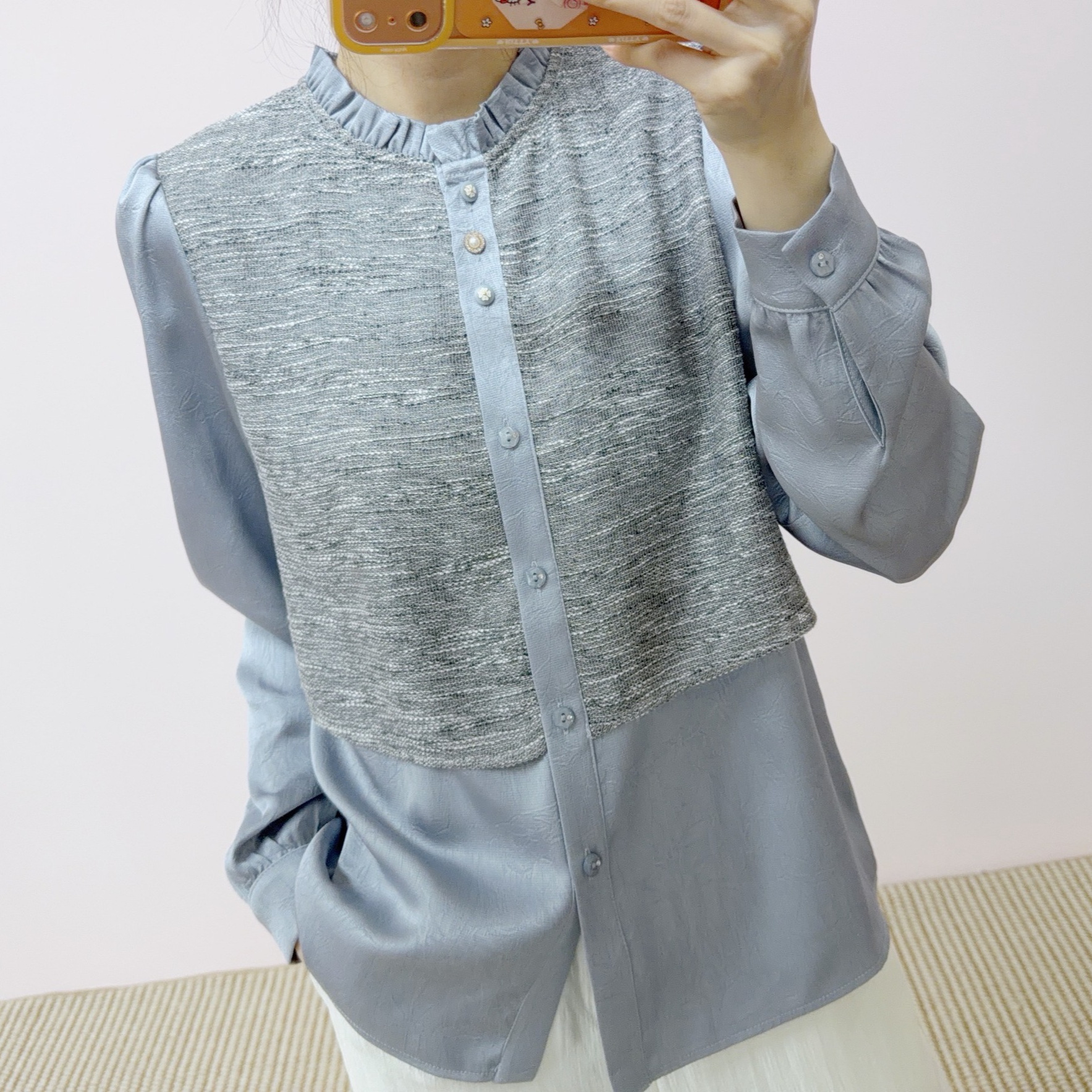 2026 Spring New Fashion Versatile Comfortable Slimming Pullover Fake Two-Piece Patchwork Cardigan Top 053