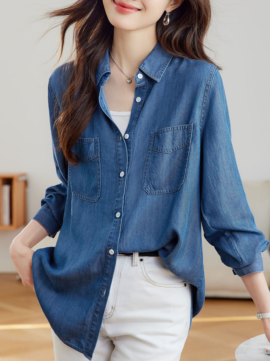 Tencel Lyocell Denim Blue Shirt Women's Long-Sleeved 2026 Spring Washed Retro Top Casual Women's Shirt