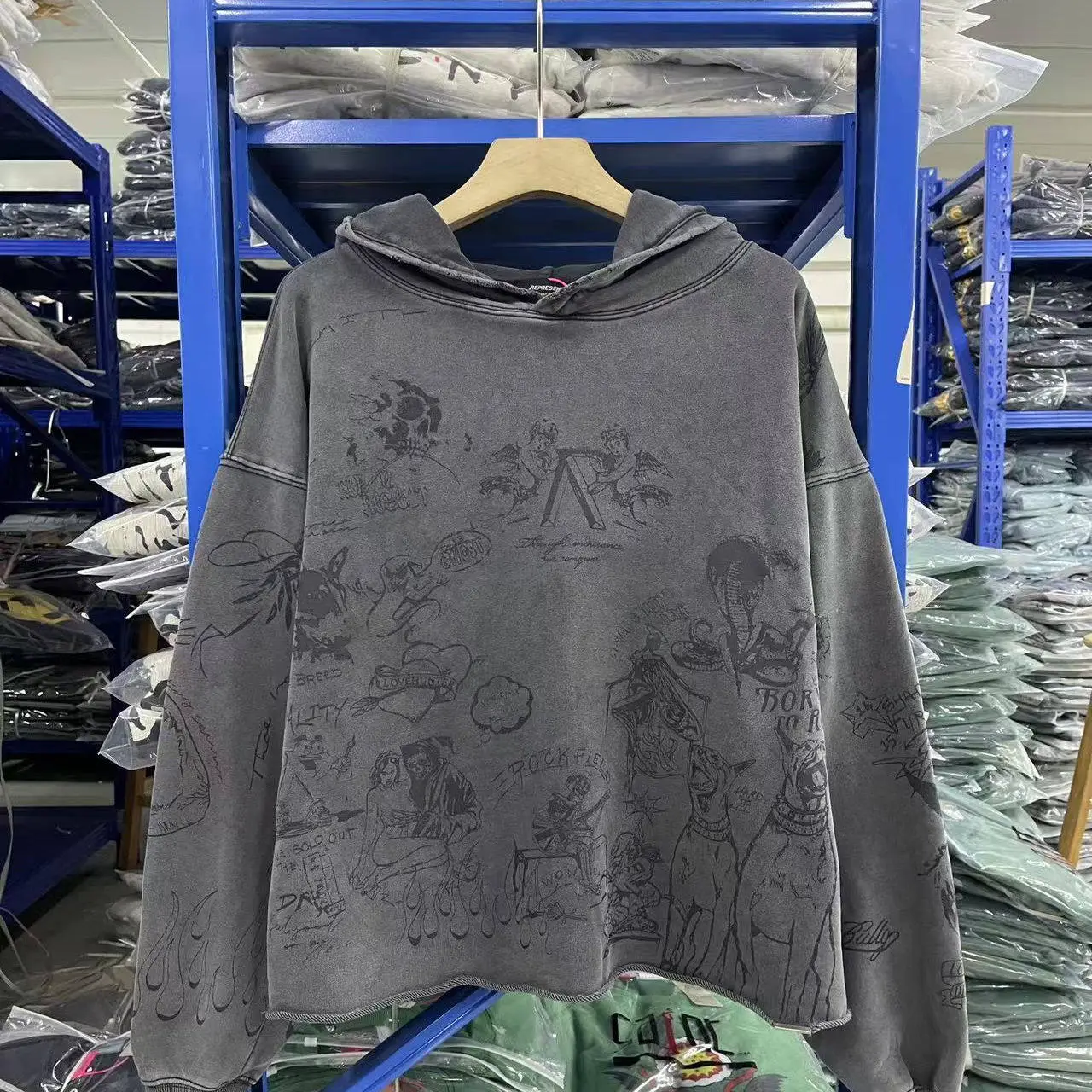 Represent American-Style Angel Car All-Over Graphic Print Distressed Washed Loose Hooded Sweatshirt Trendy