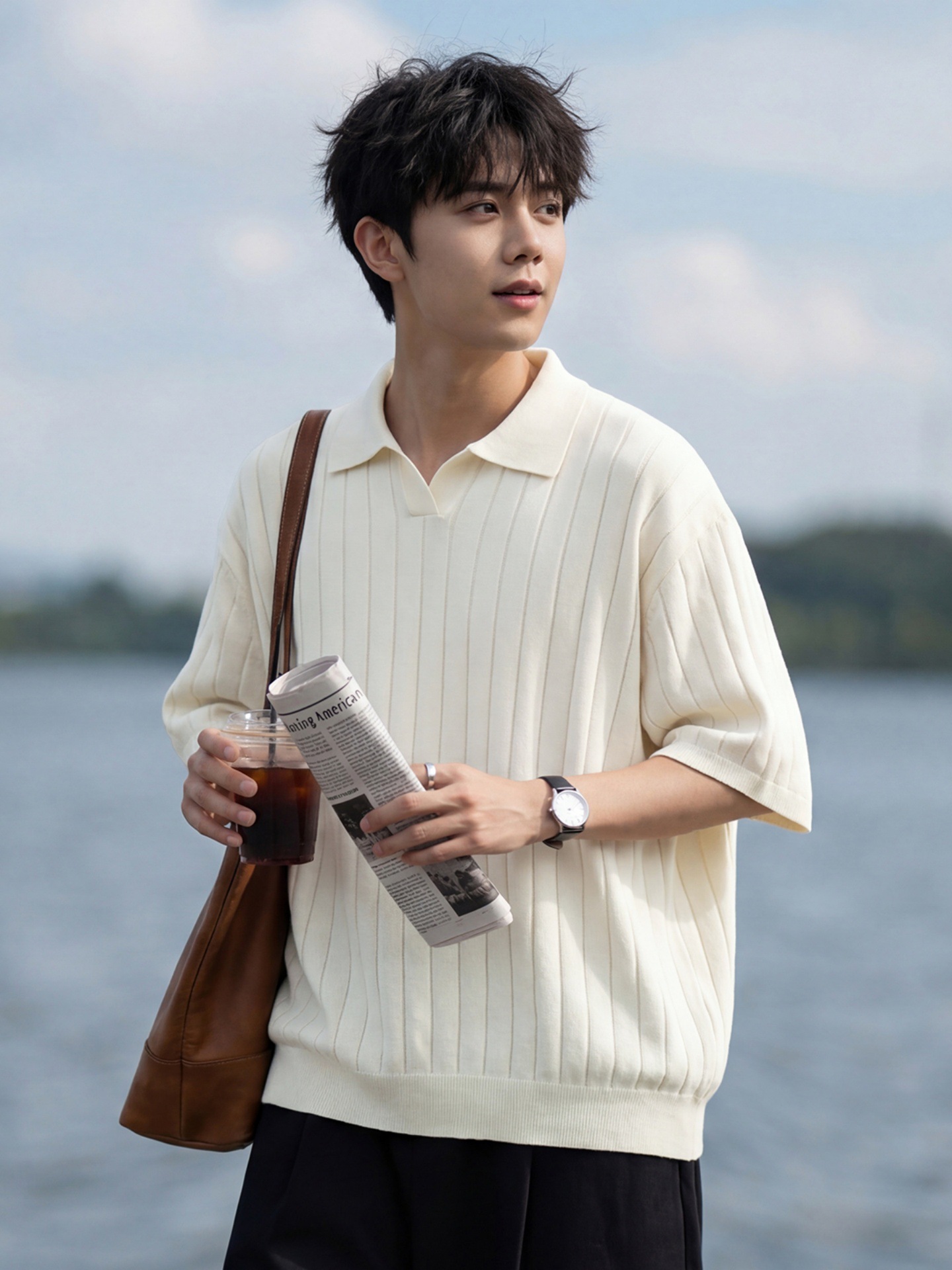 Old Money Style Seagull Collar Knitted Short-Sleeve T-Shirt for Men, Summer Edition, High-End Solid Color Polo Shirt with Ribbed Texture Top