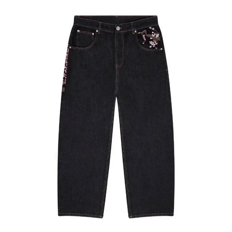 Derschutze European and American Retro Plum Blossom Embroidered Straight-Leg Pants for Men and Women, Versatile and Unique Street Style Trendy Jeans