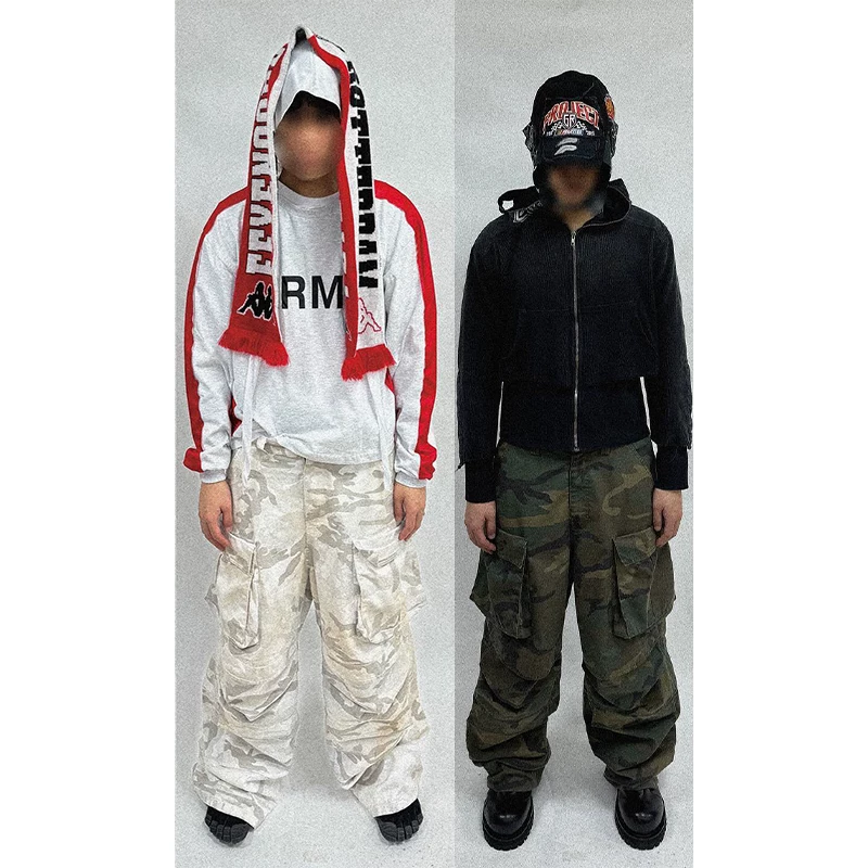 Grailz Projec Distressed Yellow and White Camouflage Cargo Functional Work Pants Men's Trendy Silhouette Multi-Pocket Long Pants