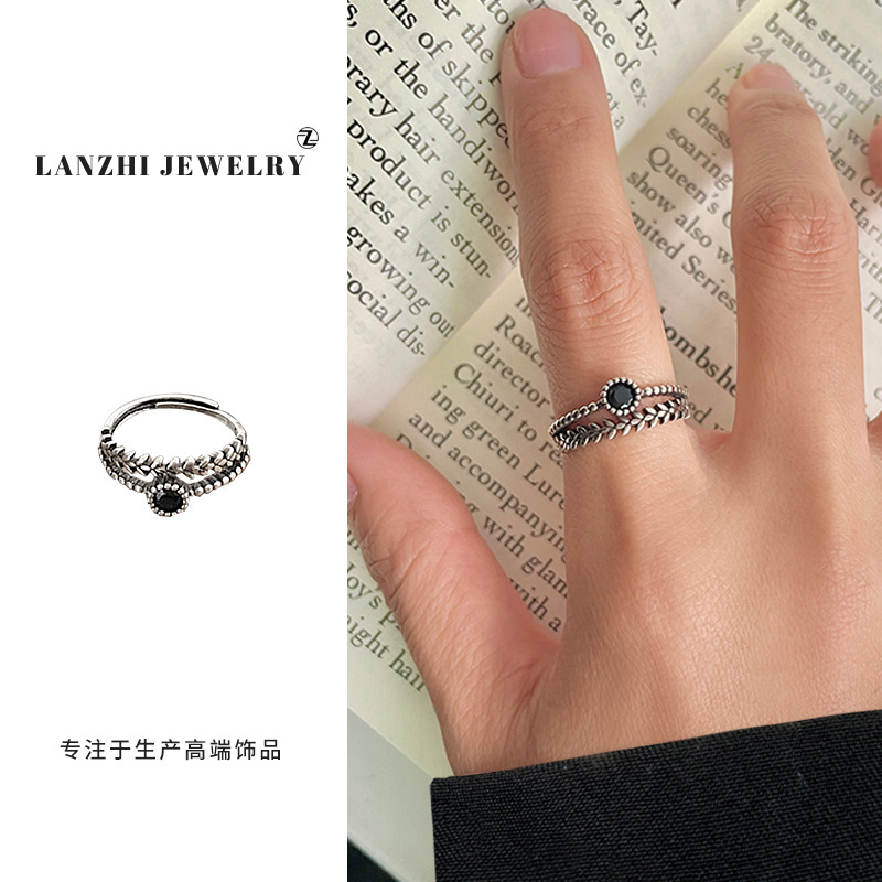 Lan zhi 925 silver ring does not fade black zircon wheat ear personality niche temperament open index finger ring wholesale
