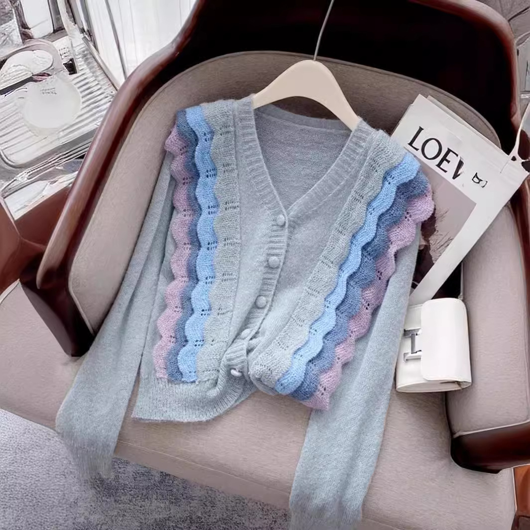 Retro Retro Contrast Gentle Soft Waxy Long-sleeved Sweater Women's All-match Korean Style New Style Knitted Cardigan Top Trendy